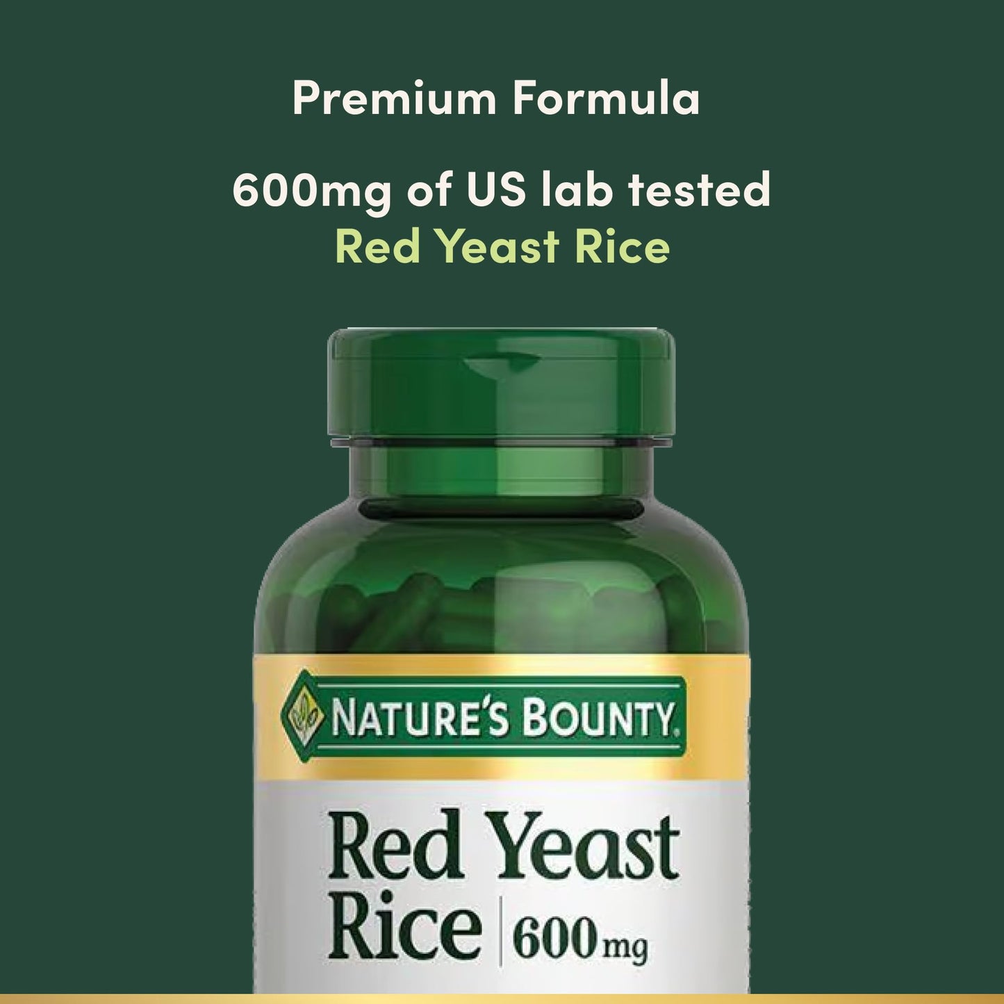 Side angle view of the non-GMO and gluten-free USA imported red yeast rice bottle