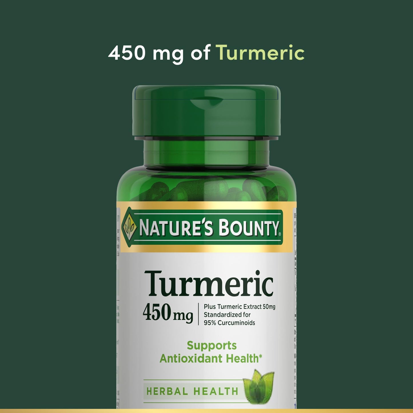 Authentic Nature's Bounty Turmeric 450 Milligrams capsule next to the packaging showing the product size