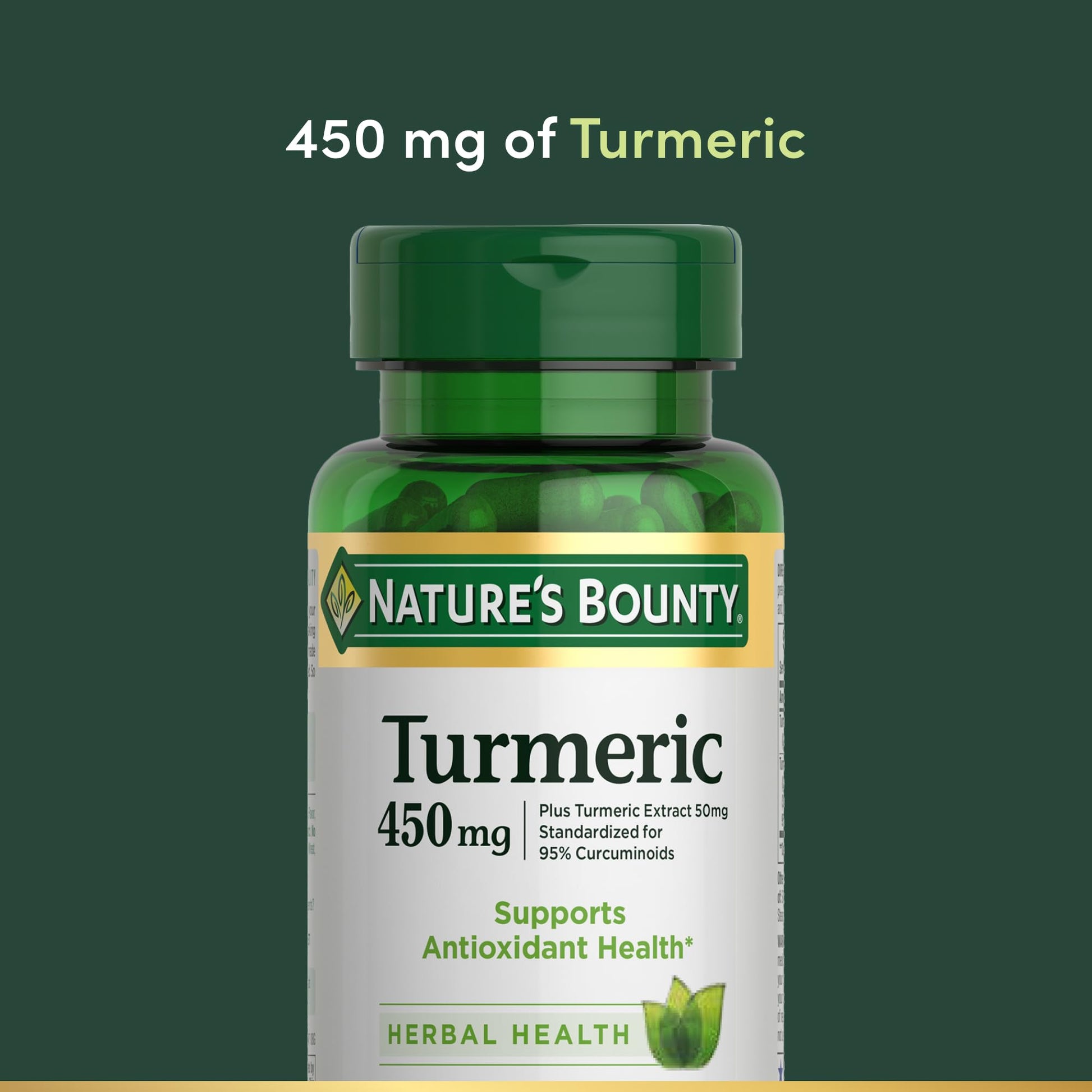 Authentic Nature's Bounty Turmeric 450 Milligrams capsule next to the packaging showing the product size