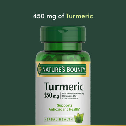 Authentic Nature's Bounty Turmeric 450 Milligrams capsule next to the packaging showing the product size