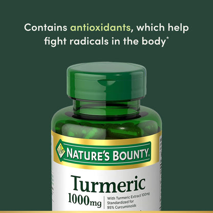 Back label view of Nature's Bounty Turmeric showing supplement facts, ingredients list, and BioPerine absorption facts