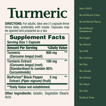 Nature's Bounty Turmeric 1000mg herbal joint supplement showcasing the non GMO and gluten free certifications