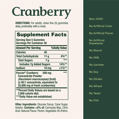 Nature's Bounty Cranberry Gummies 500mg ingredients list