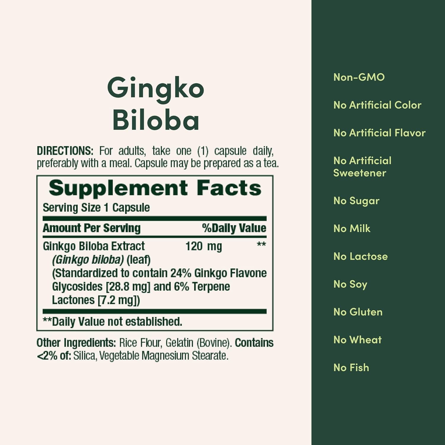 Nature's Bounty Ginkgo Biloba 120 Milligrams 100 Capsules supplement facts label showing standardized extract
