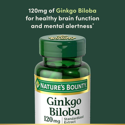 Back view of Nature's Bounty Ginkgo Biloba 100 capsules showing daily usage instructions.