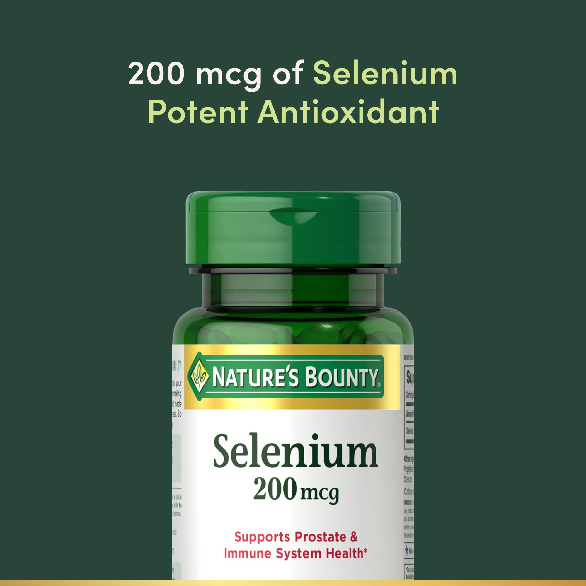Side view of Nature's Bounty Selenium 100 count bottle highlighting prostate and immune support benefits.