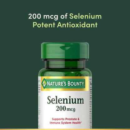 Side view of Nature's Bounty Selenium 100 count bottle highlighting prostate and immune support benefits.