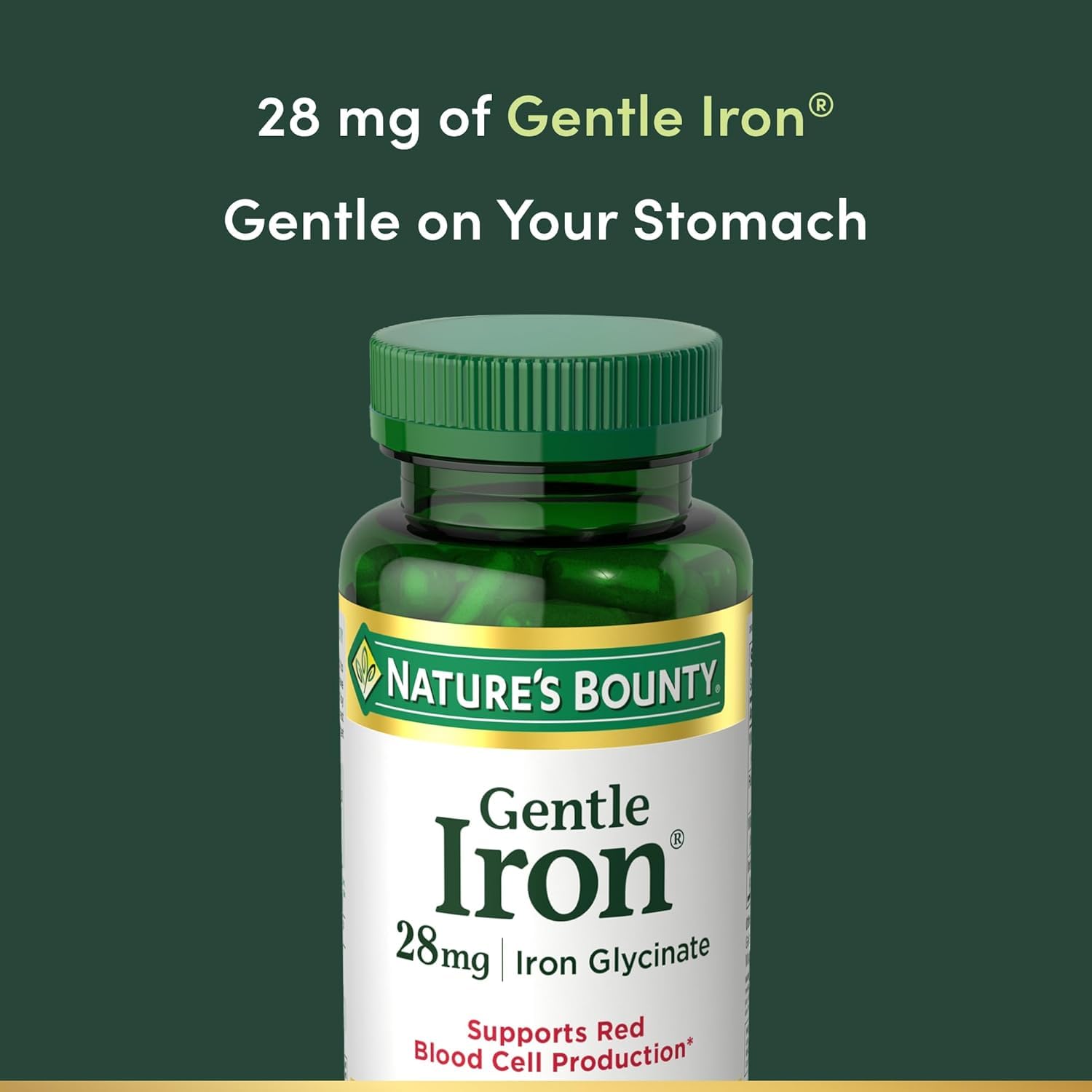 Side profile of Nature's Bounty non constipating iron capsules bottle detailing premium ingredients.