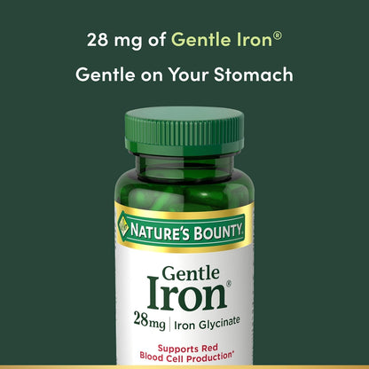 Side profile of Nature's Bounty non constipating iron capsules bottle detailing premium ingredients.