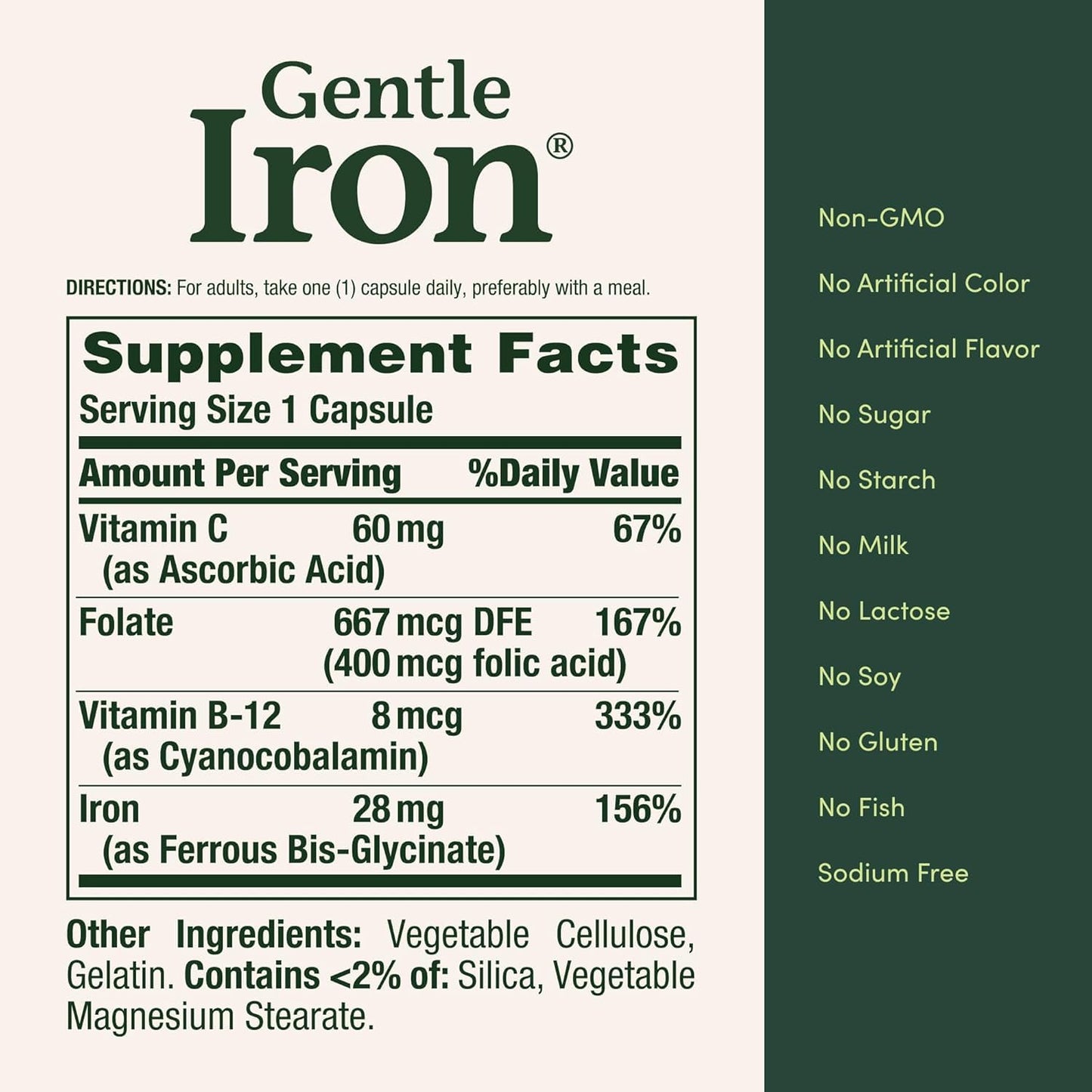 Nature's Bounty Gentle Iron ninety vegetarian capsules bottle displayed on a clean wellness background.