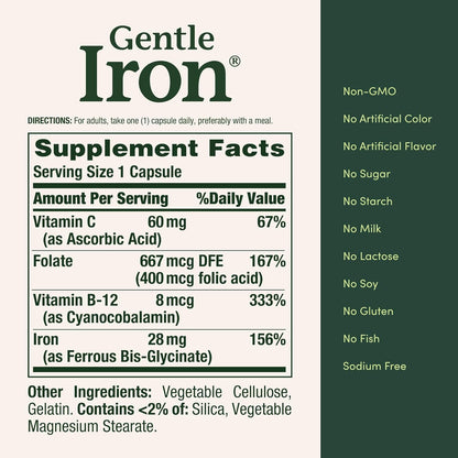 Nature's Bounty Gentle Iron ninety vegetarian capsules bottle displayed on a clean wellness background.