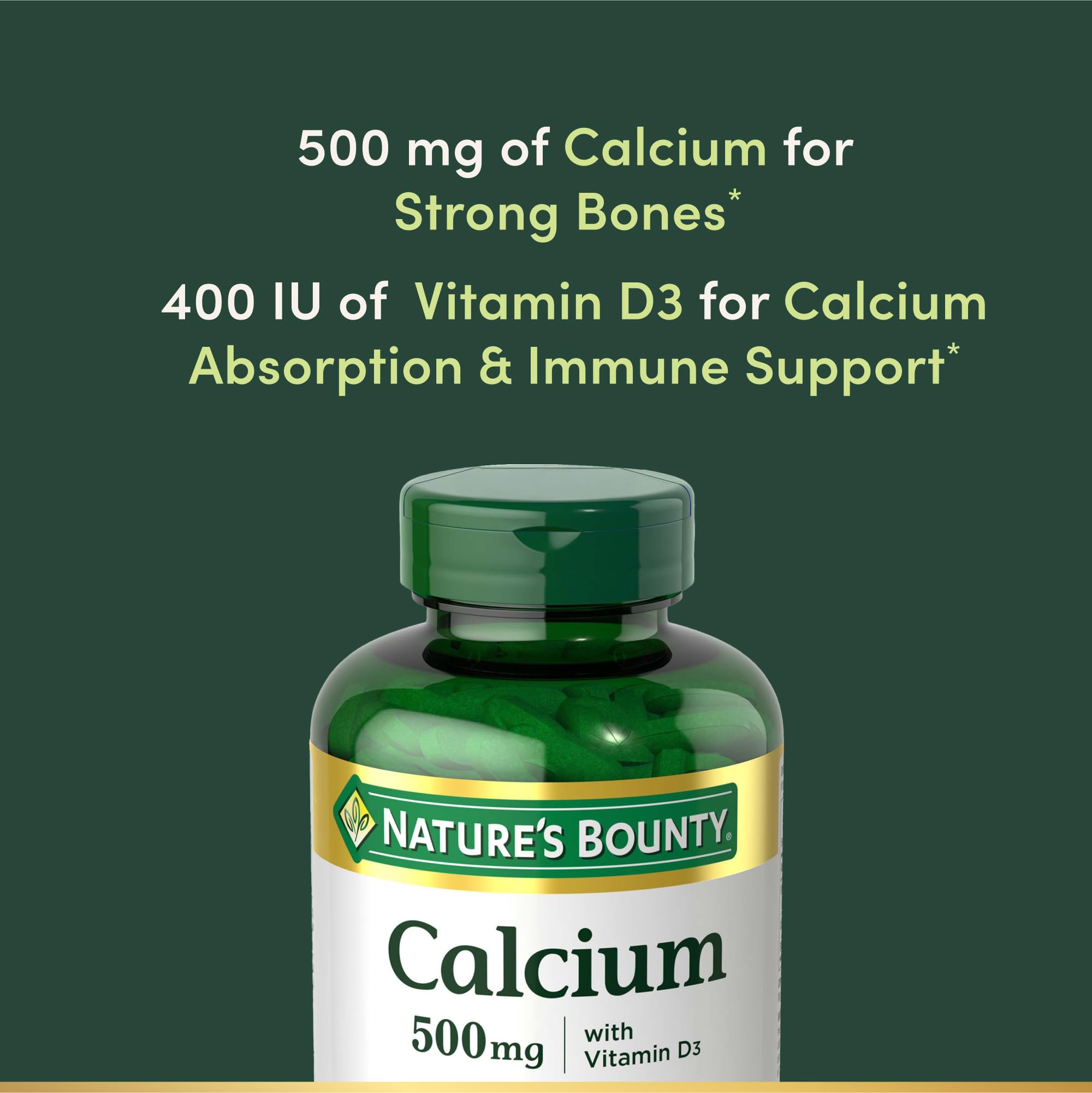 Side view of authentic USA imported Nature's Bounty Calcium Plus bottle showing directions and safety warnings