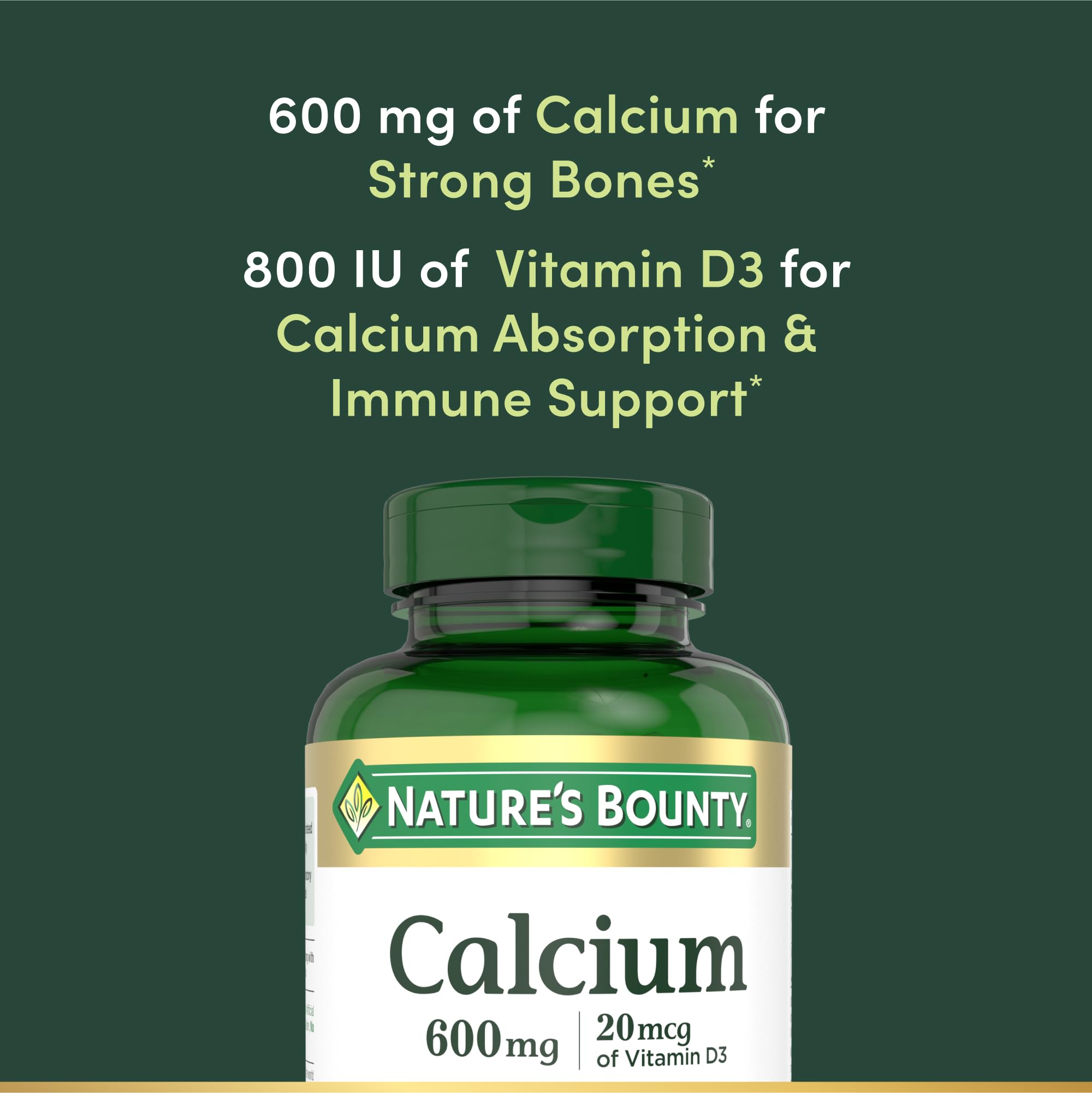 Close-up of authentic Nature's Bounty Calcium Carbonate pills for daily immune and bone support