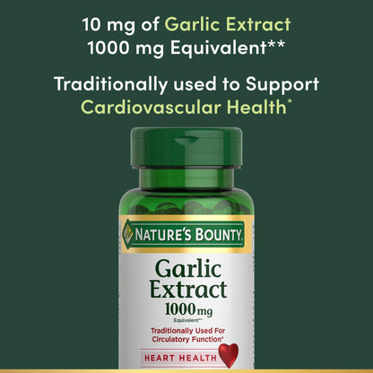 Side view of Nature's Bounty odourless garlic rapid release softgels for circulatory support