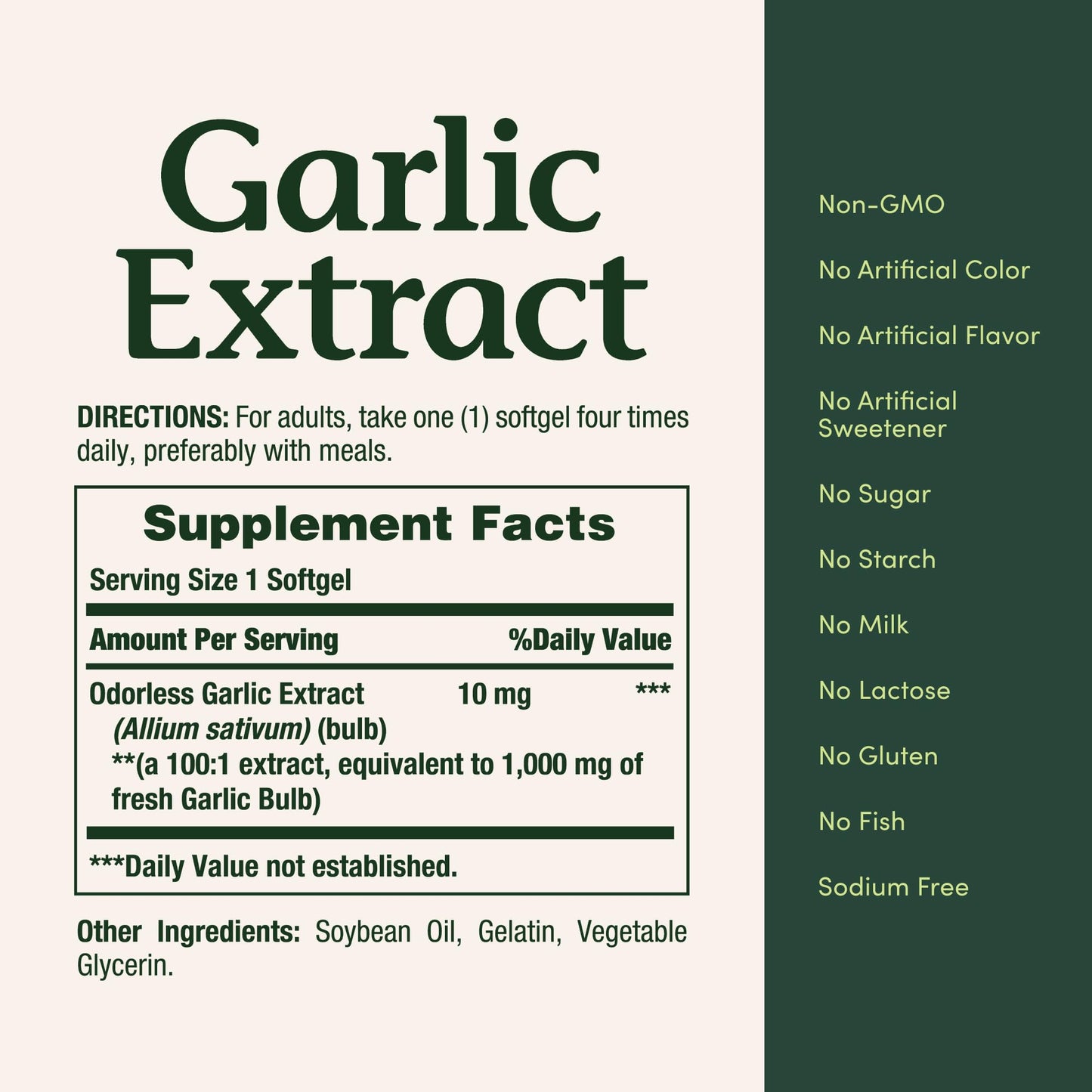 Close up of the non GMO and laboratory tested label on Nature's Bounty garlic softgels
