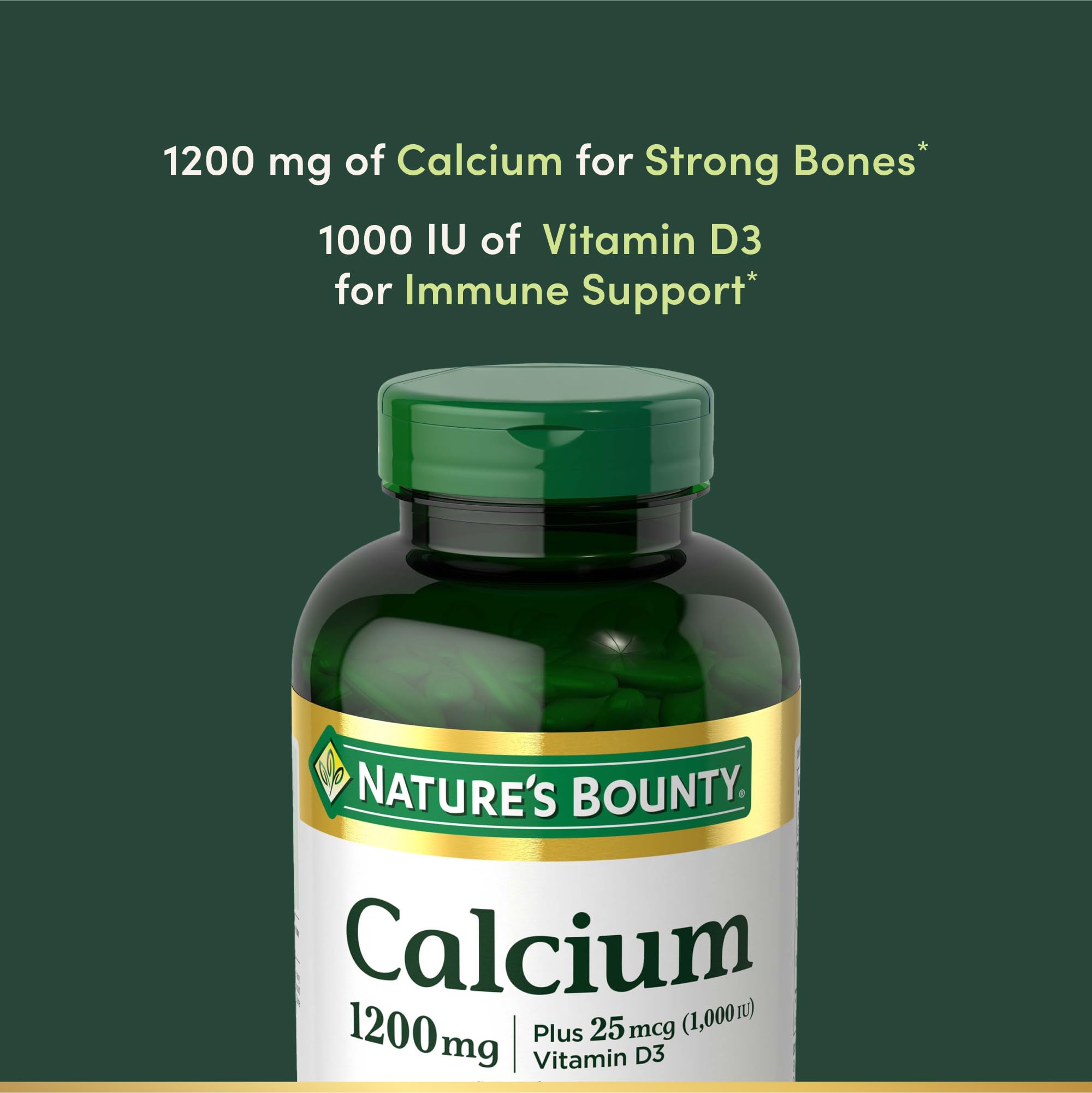 Side angle of Nature's Bounty bone health supplement container showing product dimensions and barcode details