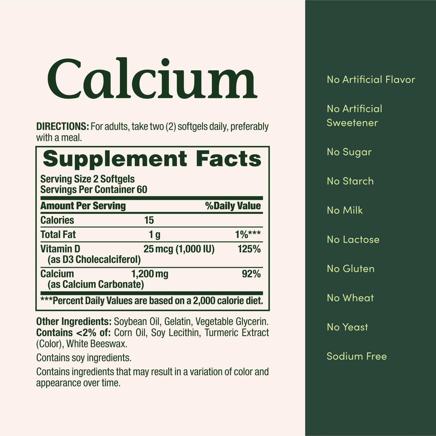 Back label of Nature's Bounty Calcium showing comprehensive allergen statements and international manufacturing standards