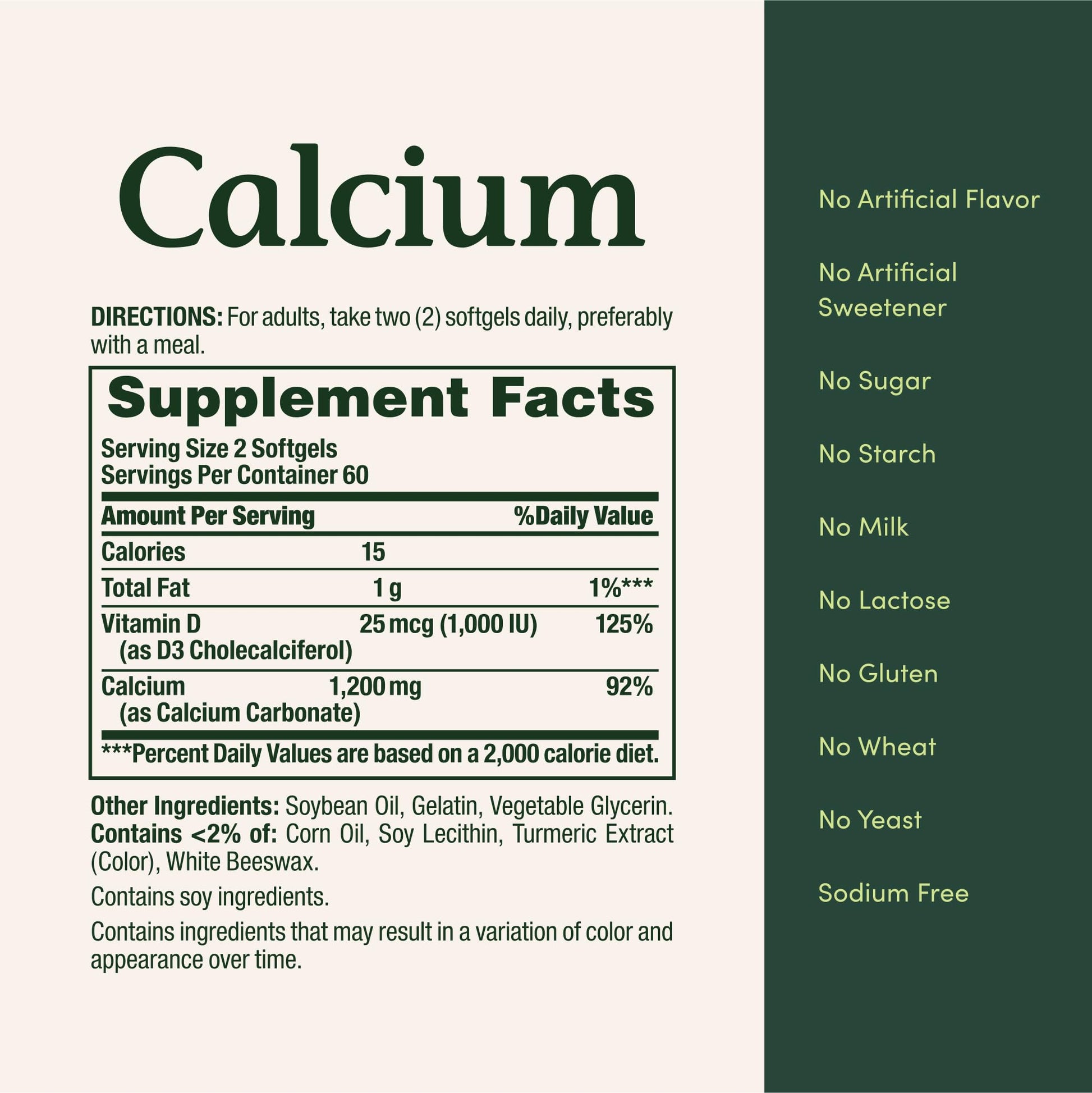 Back label of Nature's Bounty Calcium showing comprehensive allergen statements and international manufacturing standards