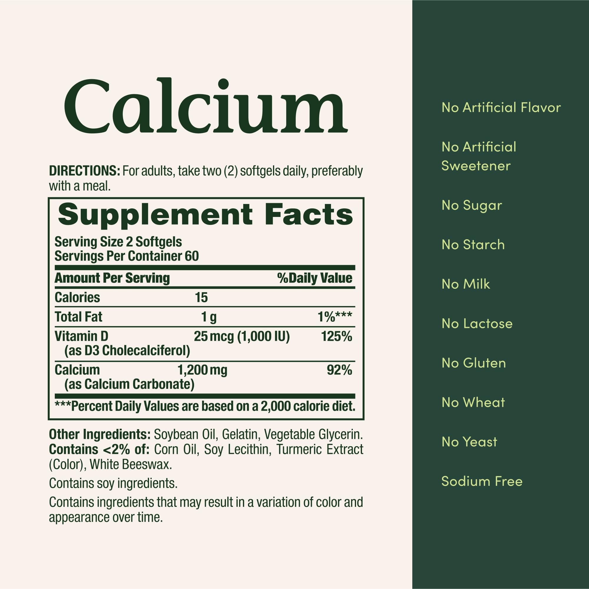 Back label of Nature's Bounty Calcium showing comprehensive allergen statements and international manufacturing standards