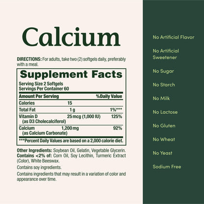 Back label of Nature's Bounty Calcium showing comprehensive allergen statements and international manufacturing standards