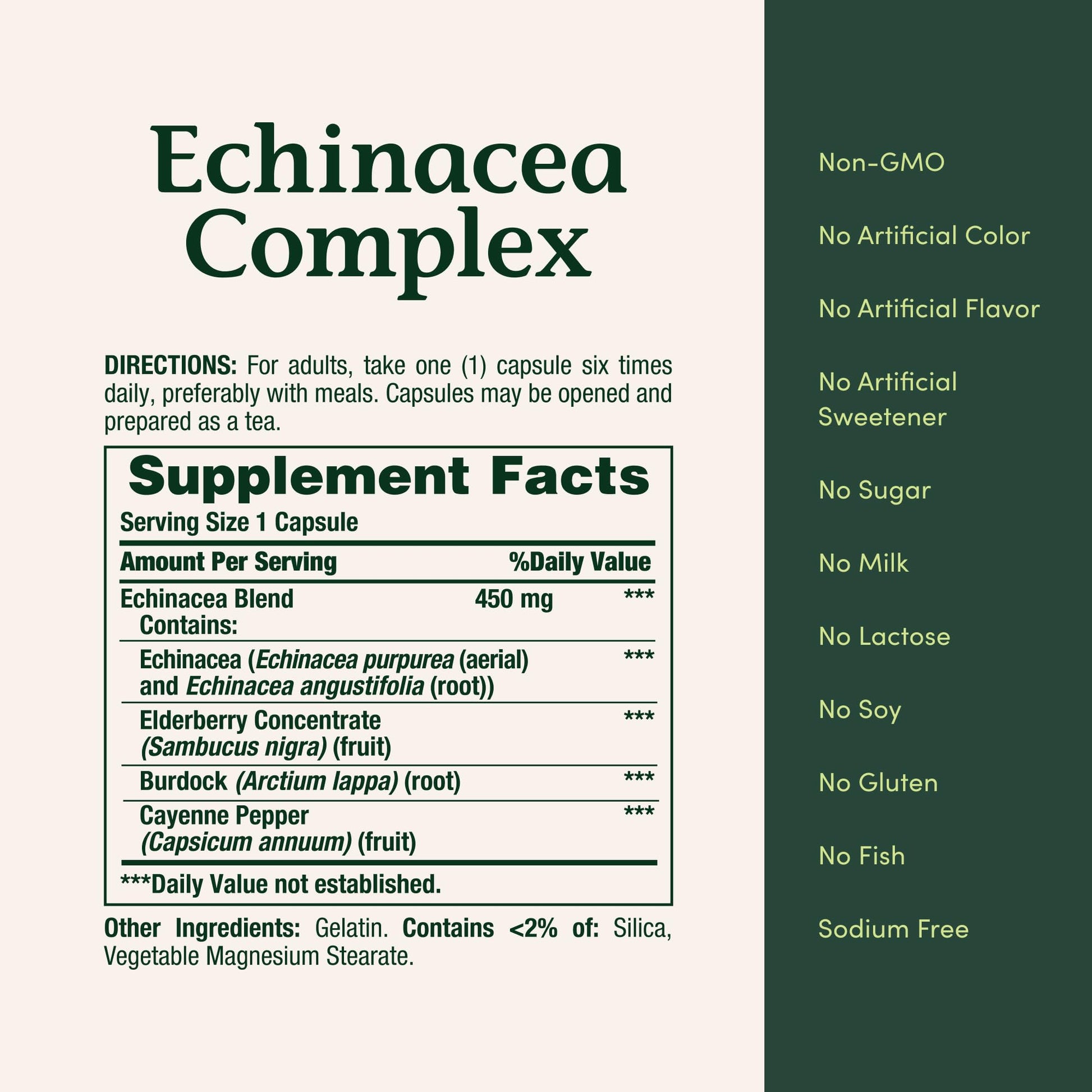 Natures Bounty Echinacea Complex nutritional information on bottle