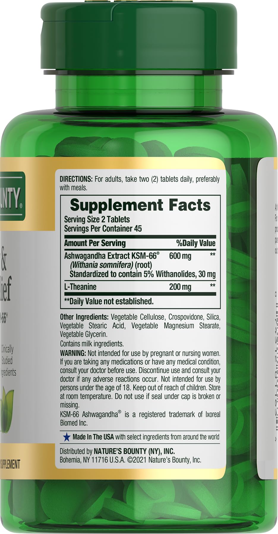 Nature's Bounty Ashwagandha and L-Theanine supplement bottle displayed against a clean background