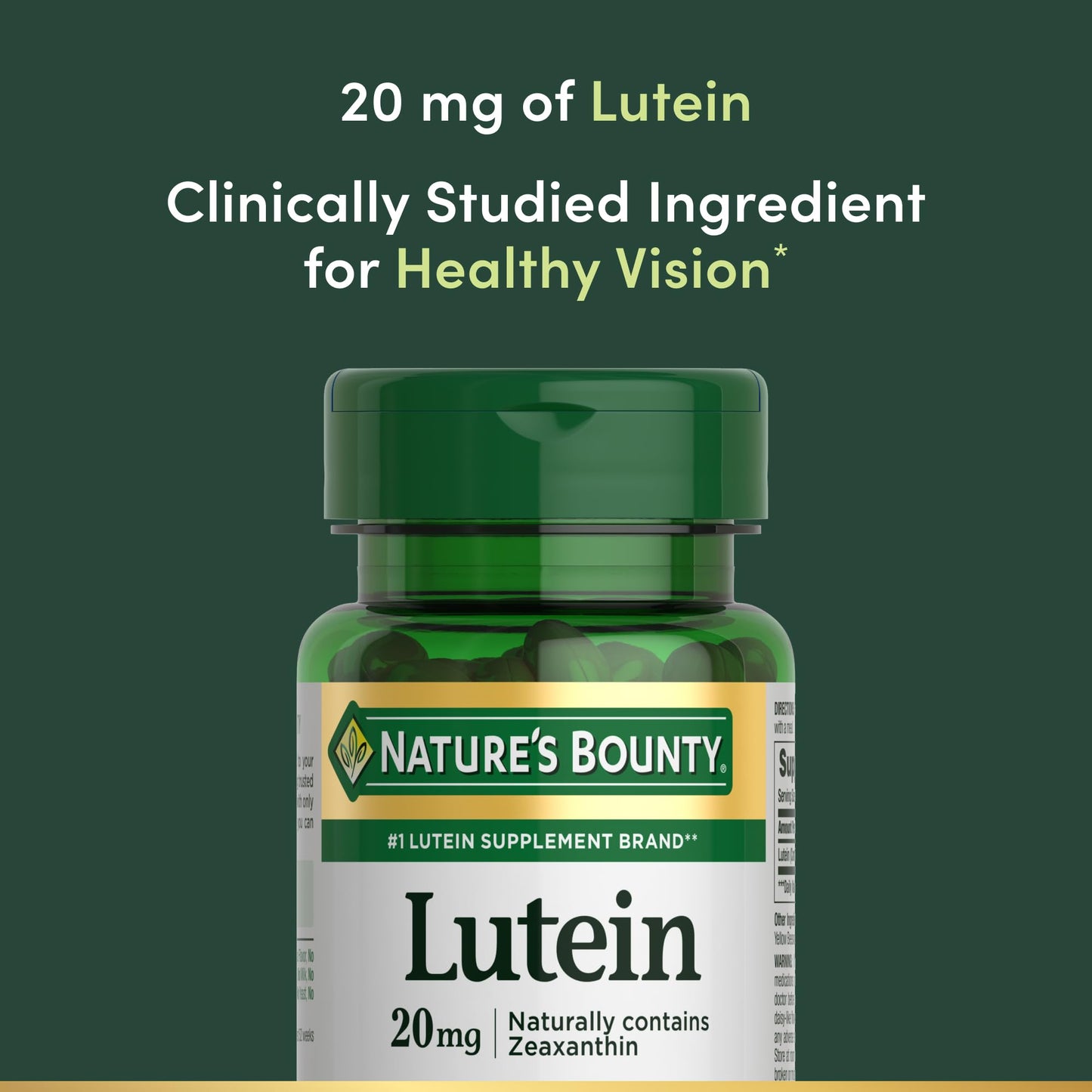 Nature's Bounty Lutein supplement bottle showing 20 mg dosage information