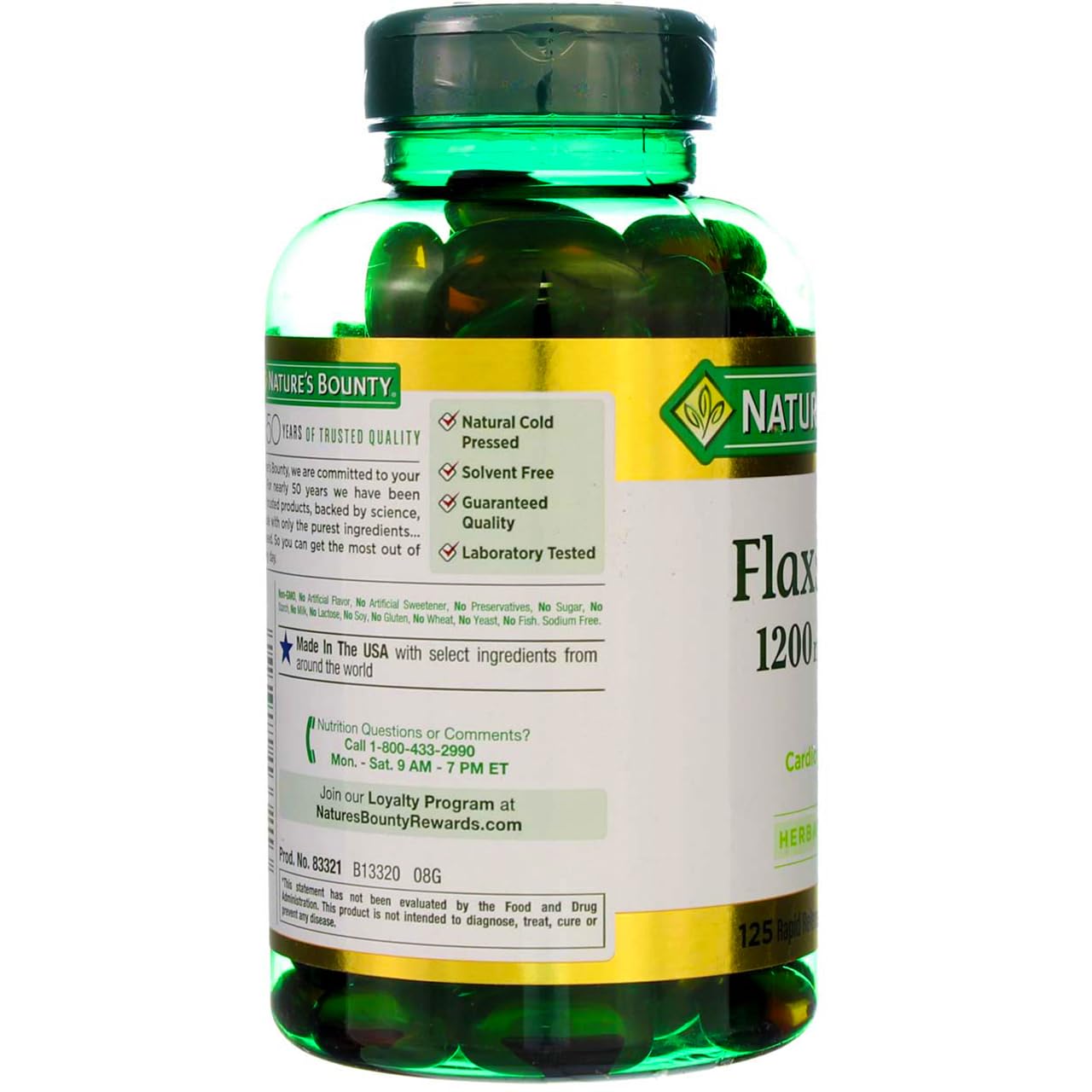 Nature's Bounty Flaxseed Oil 125 rapid release softgels dietary supplement packaging