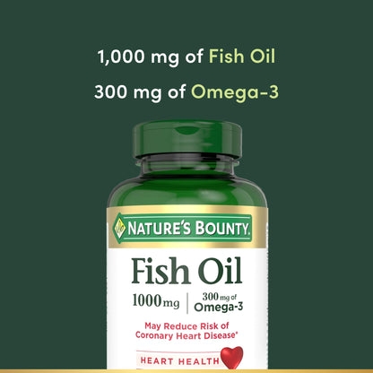 Nature's Bounty rapid release fish oil softgels displayed next to the amber container packaging