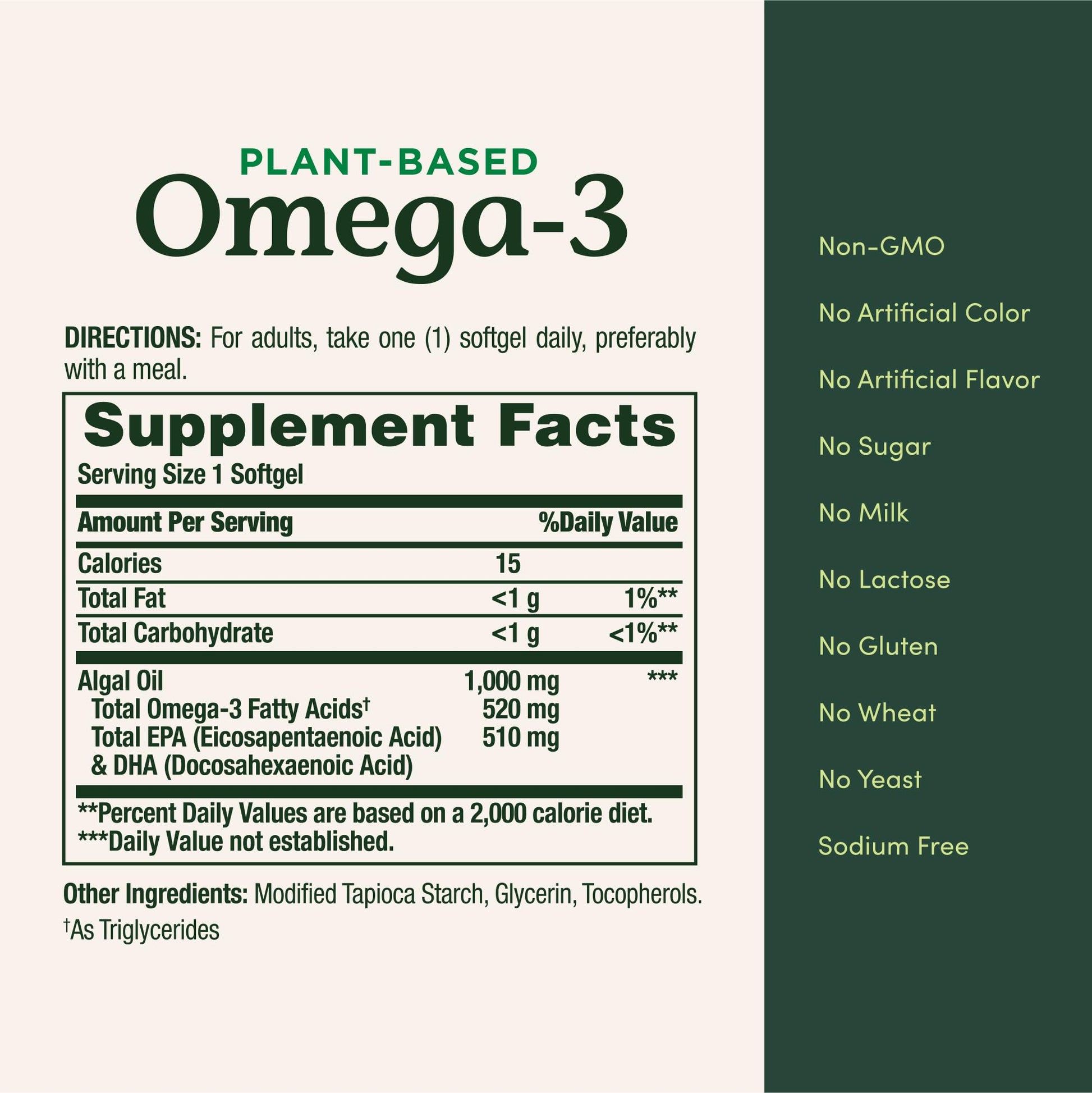Nature's Bounty premium imported USA skincare and heart wellness plant based omega 3 bottle side panel.