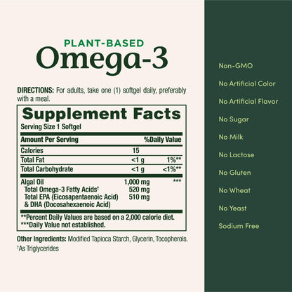 Nature's Bounty premium imported USA skincare and heart wellness plant based omega 3 bottle side panel.