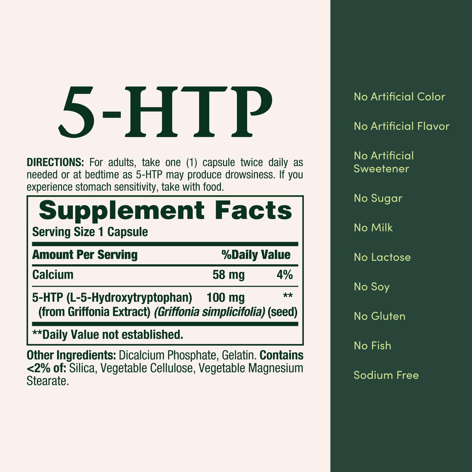 Close up of Natures Bounty 5-HTP supplement facts label