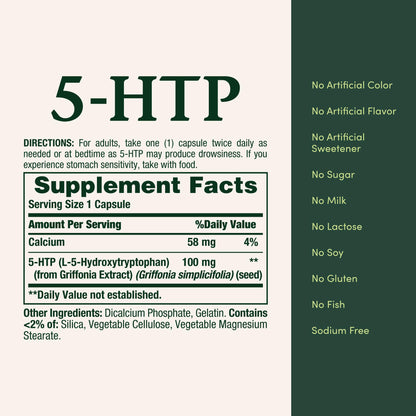 Close up of Natures Bounty 5-HTP supplement facts label