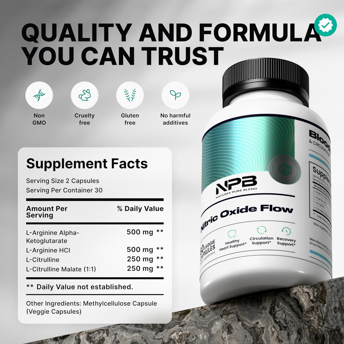 Nature's Pure Blend L Arginine and L Citrulline capsules supplement facts label