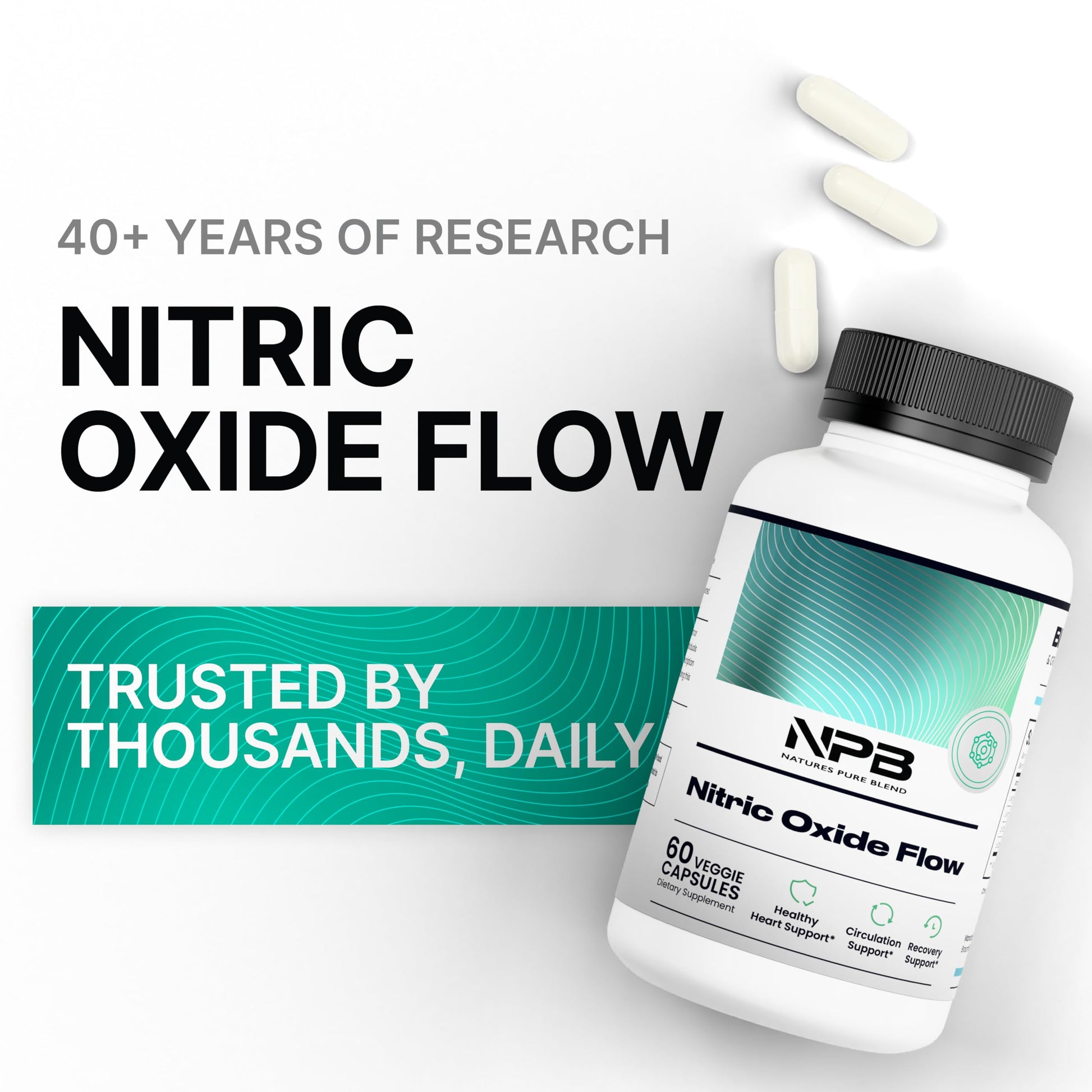 Nature's Pure Blend Nitric Oxide Flow packaging with vegetarian capsule details