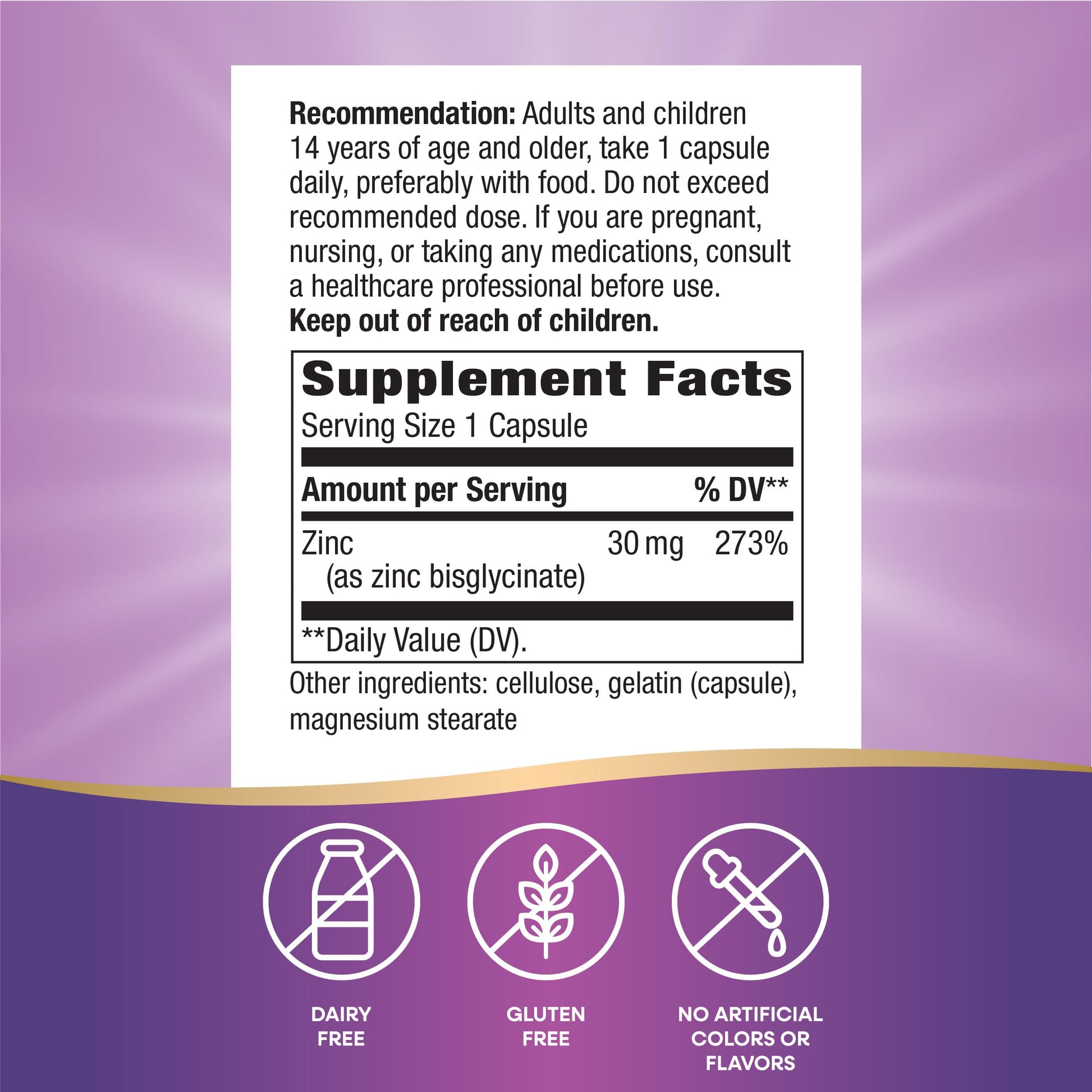 Nature's Way Zinc Chelate 100 Capsules clean formula allergen free details