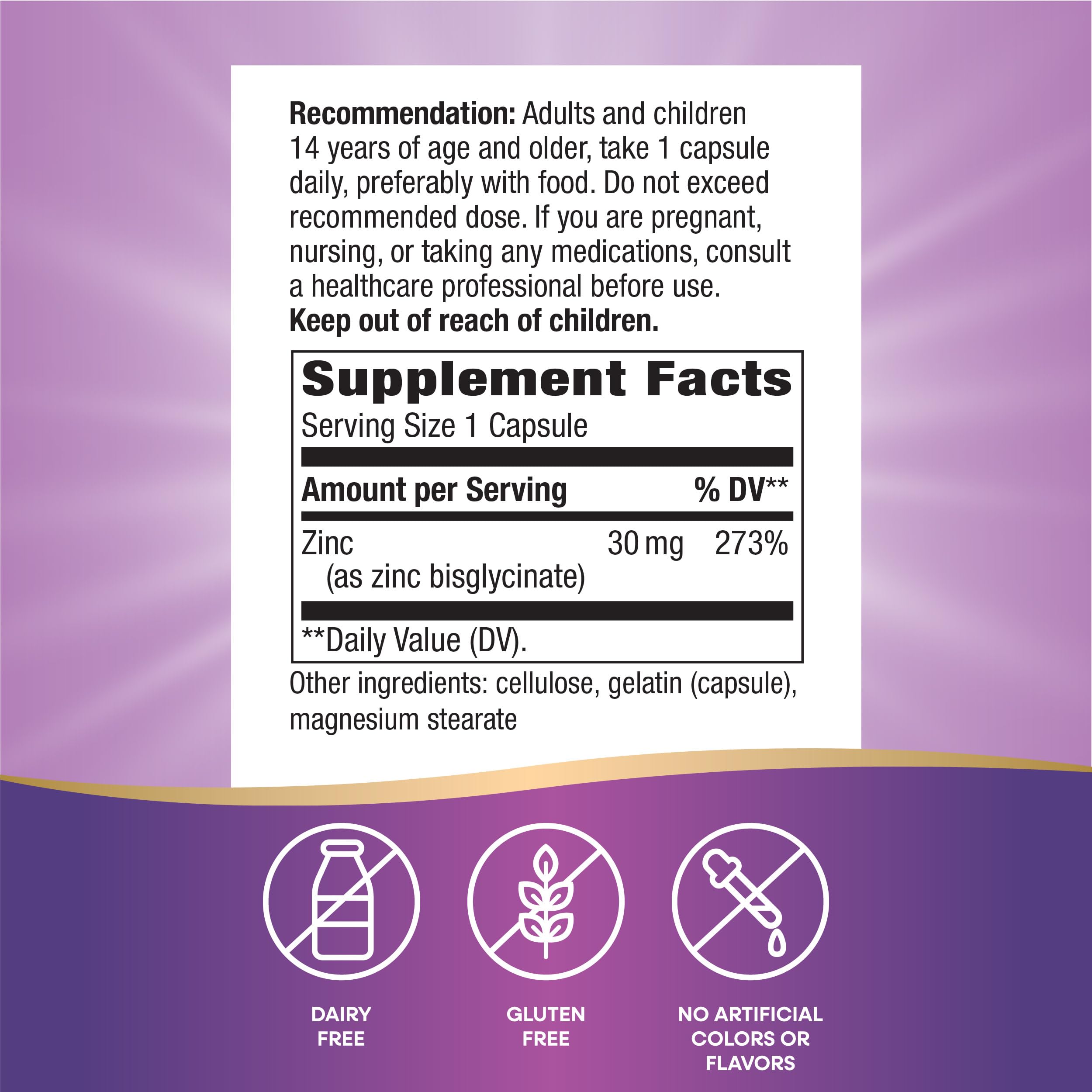 Nature's Way Zinc Chelate 100 Capsules clean formula allergen free details