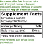 Nature's Way Nettle Leaf supplement facts and certification label