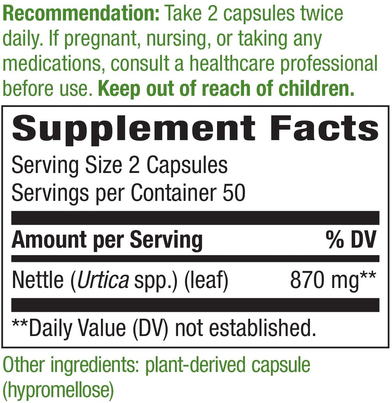 Nature's Way Nettle Leaf supplement facts and certification label