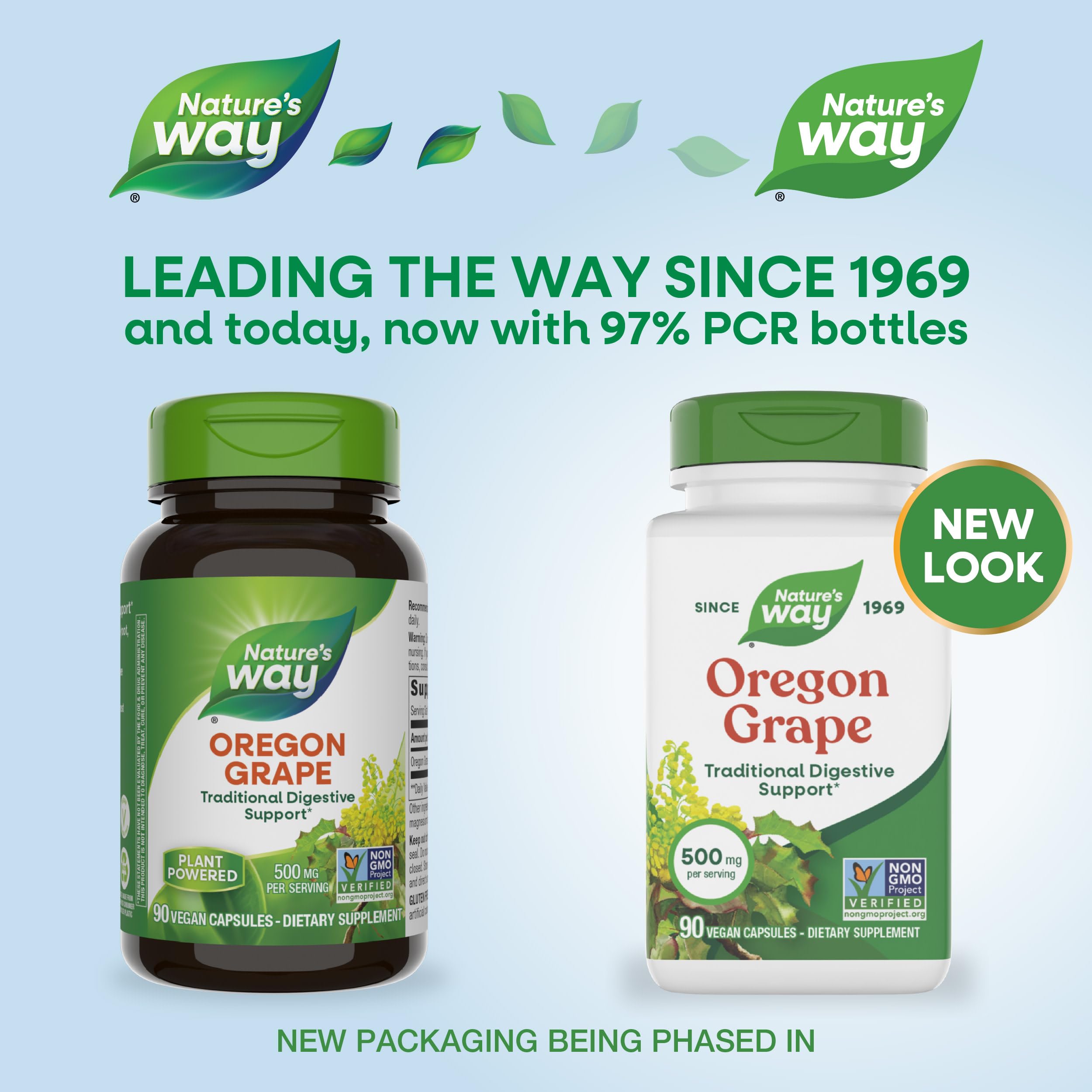 Nature's Way herbal digestive supplement bottle showing the TRU-ID certified authentic and Non-GMO project verified seals.