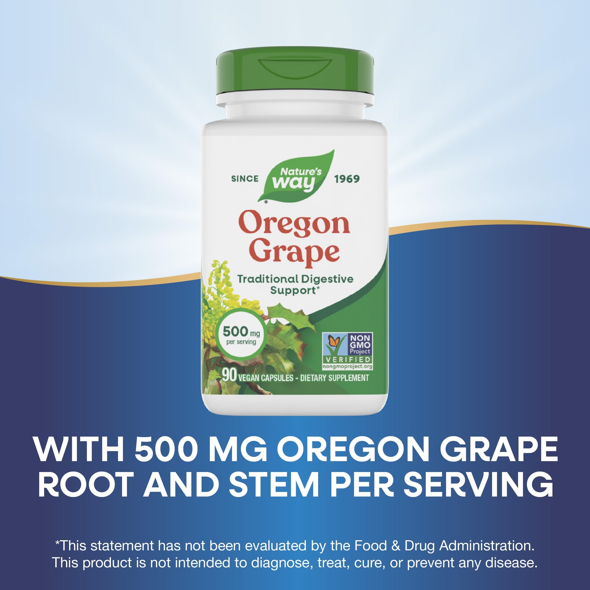 Back label of Oregon Grape Root vegetarian capsules detailing the allergen free information including no gluten, wheat, or dairy.