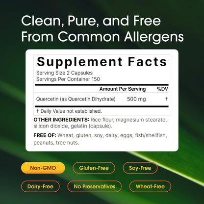 Side view of ultra strength quercetin dihydrate capsules packaging highlighting purity standards