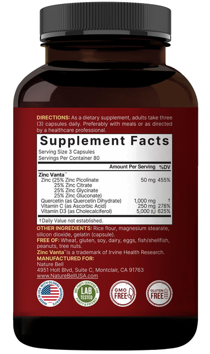 NatureBell zinc complex and quercetin dietary wellness capsules daily dosage details