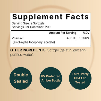 NatureBell Vitamin E liquid softgels supplement label facts displaying serving size details