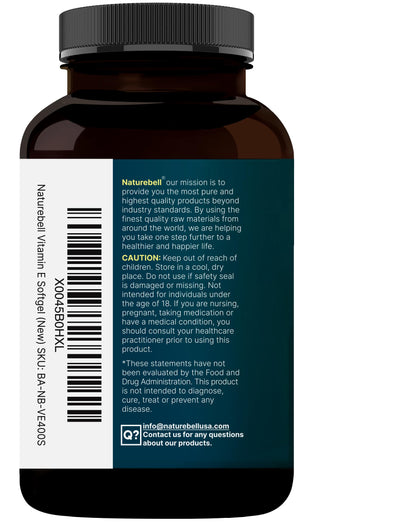 NatureBell dl-Alpha Tocopheryl Acetate capsules demonstrating dual oral and topical use