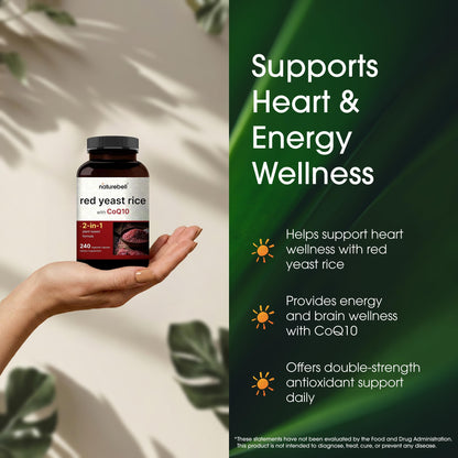 Authentic NatureBell Coenzyme Q10 and Monascus purpureus herbal capsules showing allergen free certifications
