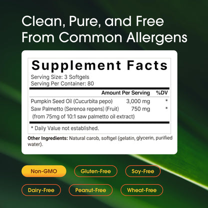 Cold pressed virgin pumpkin seed oil softgels next to original packaging bottle