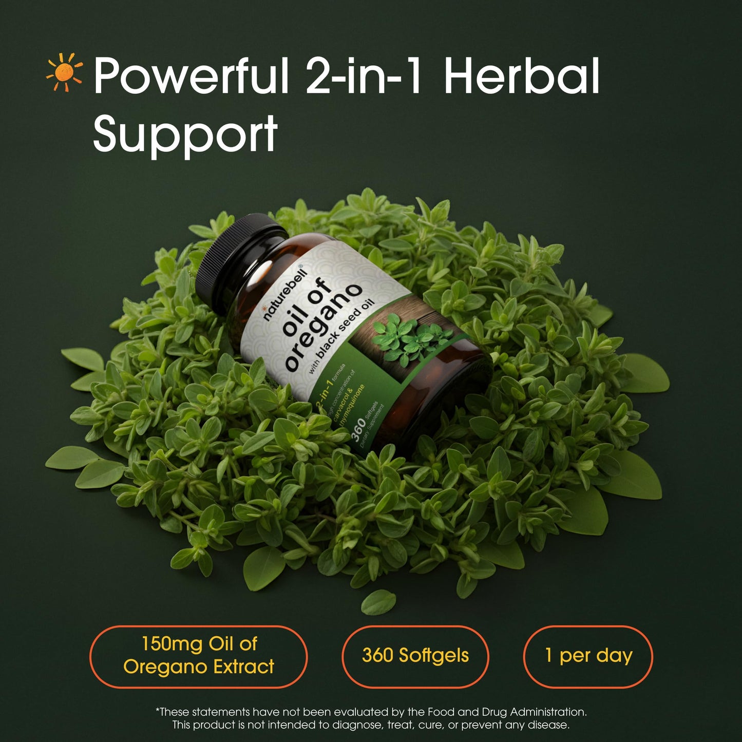 NatureBell Oregano Oil 7500mg with Black Seed Oil complex supplement facts label details