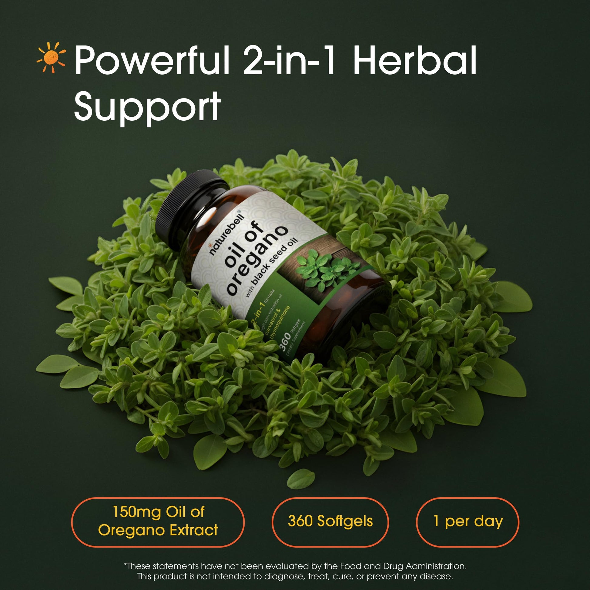 NatureBell Oregano Oil 7500mg with Black Seed Oil complex supplement facts label details