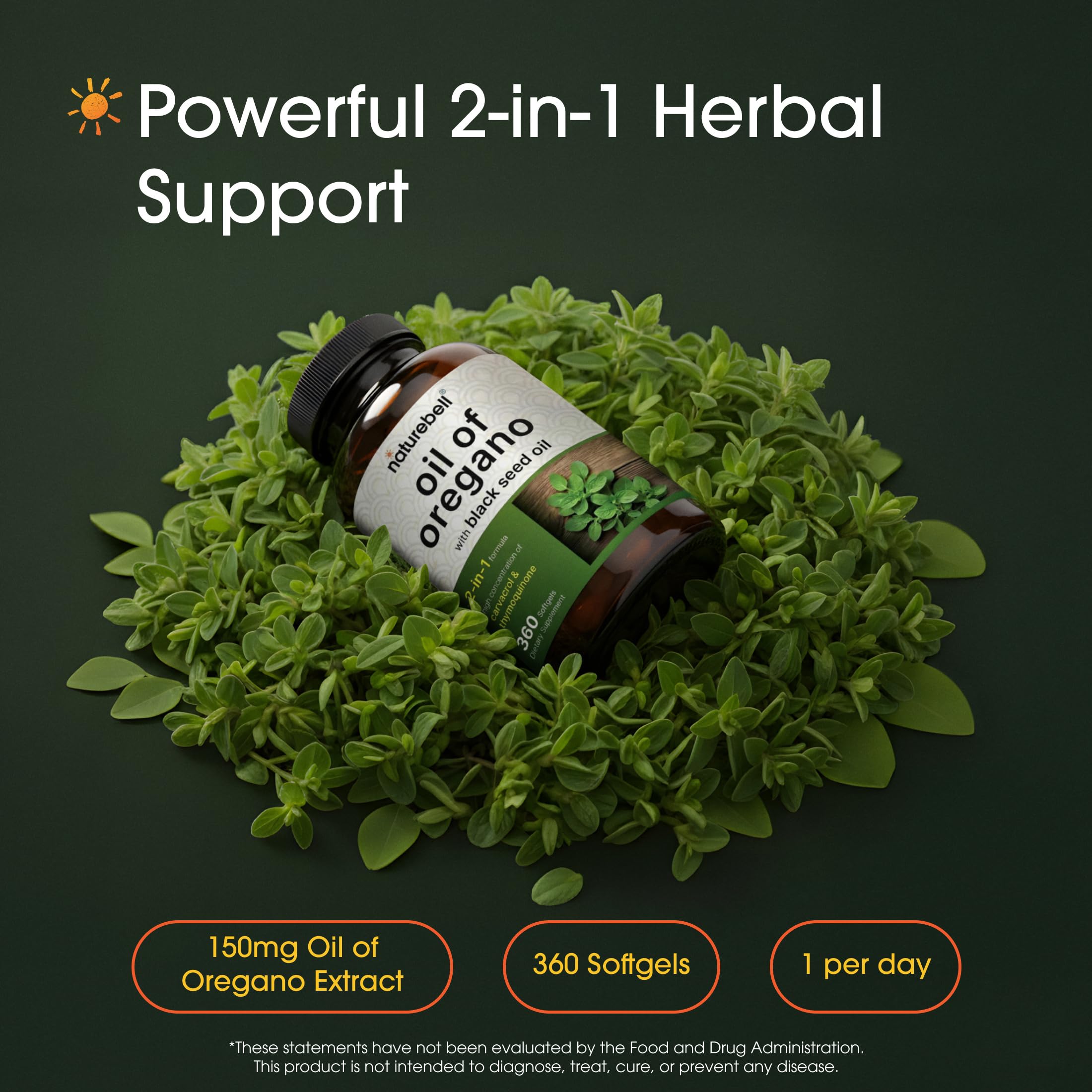NatureBell Oregano Oil 7500mg with Black Seed Oil complex supplement facts label details
